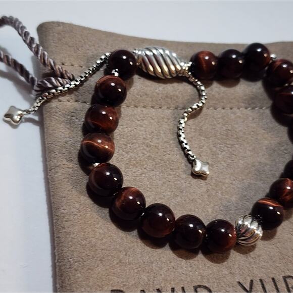 David Yurman‎ Sterling Silver Red Tiger's Eye Spiritual Bead Bracelet Adjustable - Picture 9 of 10